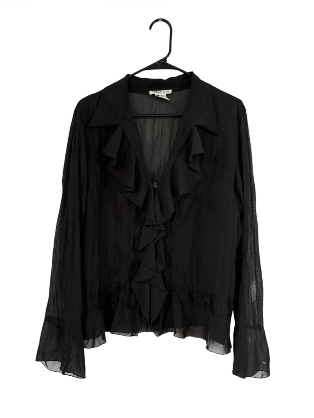 Vintage Notation Black Sheer Ruffled Button-Front Blouse